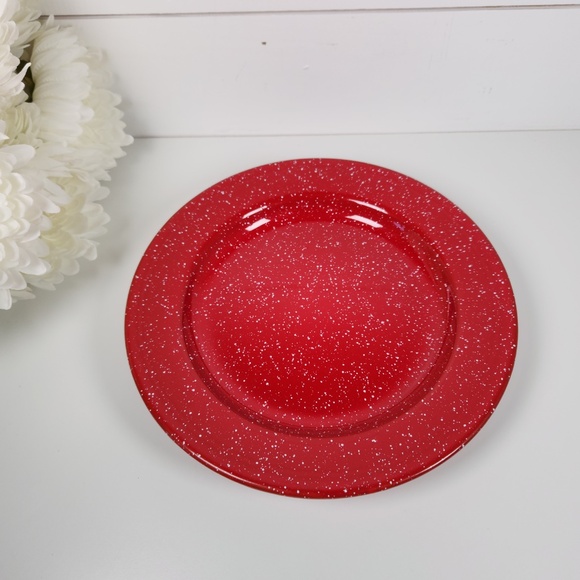 VTG Red & White Speckled Enamelware Plate 10"- Set of 4- Metal Stackable Plates - Picture 6 of 6